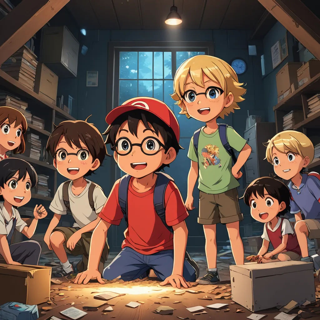 a group of children standing around a box in a room with a window and a light shining on the floor, sots art, a storybook illustration, Anne Said, official art