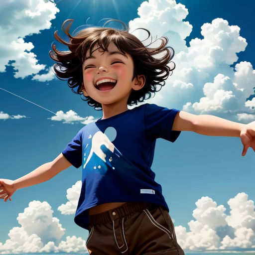 a young boy is flying a kite in the sky with clouds in the background and a blue sky with white clouds