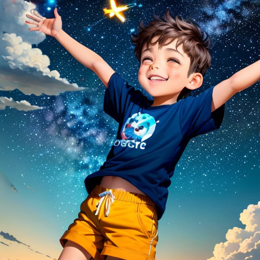 a boy in a blue shirt is holding a star in the sky with his hands and a plane flying above him