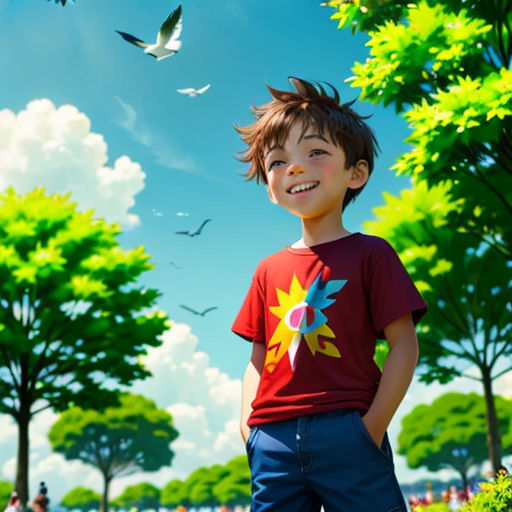 a boy standing in a park with a bird flying overhead in the sky above him and a bird flying overhead in the sky above him