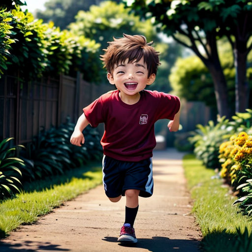 a young boy running down a path in a park with a smile on his face and a red shirt