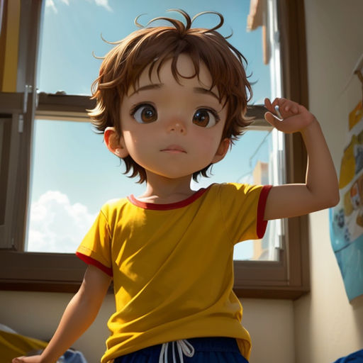 a little boy with a yellow shirt and blue shorts standing in front of a window with a blue sky in the background