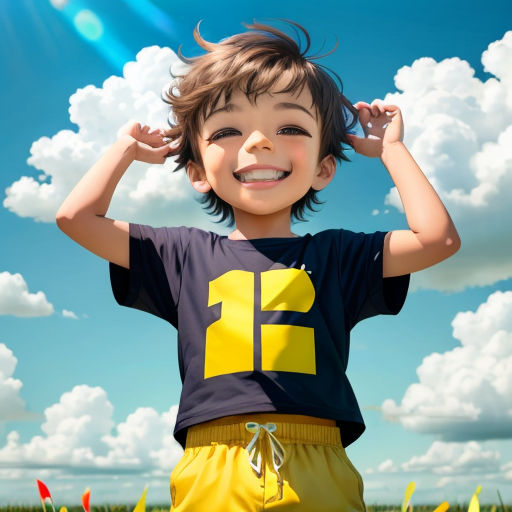 a young boy is standing in a field with his hands on his head and smiling at the camera with a blue sky and clouds behind him