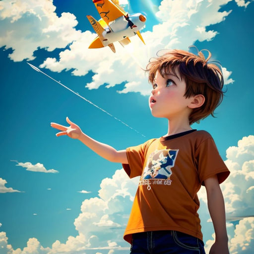 a boy flying a kite in the sky with a plane flying above him and a plane flying above him