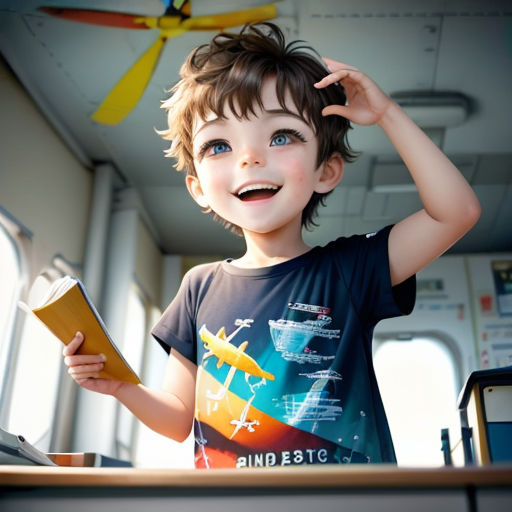 a young boy is holding a book and smiling at the camera while standing in a room with a ceiling fan