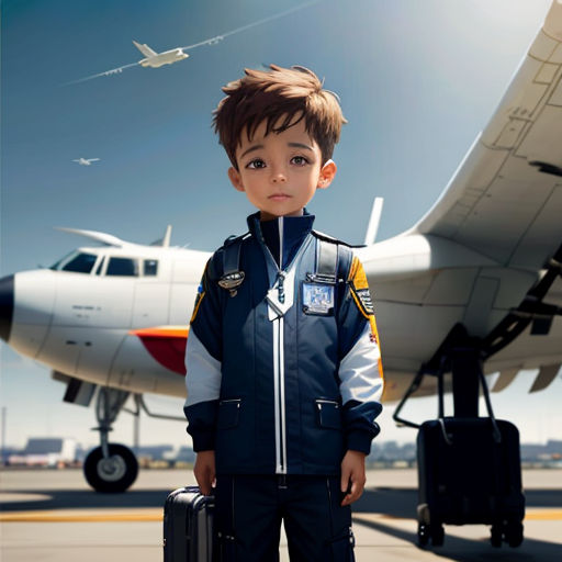a young boy standing in front of a small plane with luggage in front of him and a plane in the background