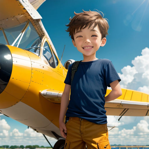 a young boy standing in front of a yellow airplane on a runway with a blue sky and clouds behind him