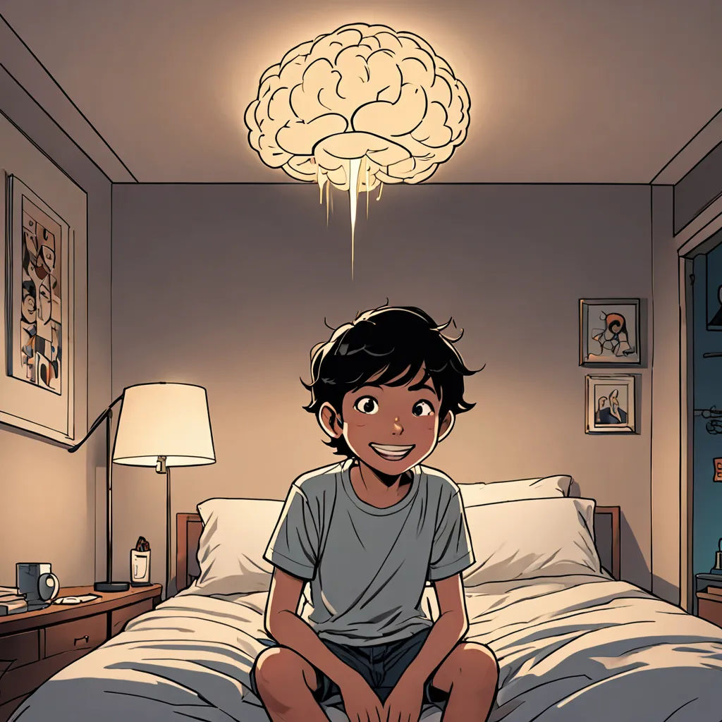 a boy sitting on a bed in a bedroom with a light above him and a brain on the ceiling, light and space, a comic book panel, Asaf Hanuka, rossdraws global illumination