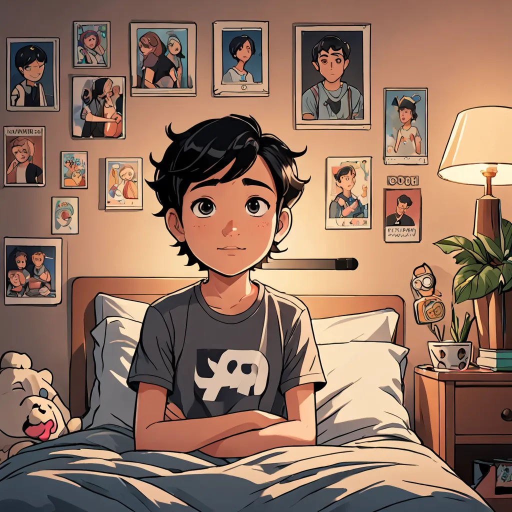 a boy sitting in bed with a teddy bear in front of him and a bunch of pictures on the wall, shock art, a comic book panel, Asaf Hanuka, comic cover art