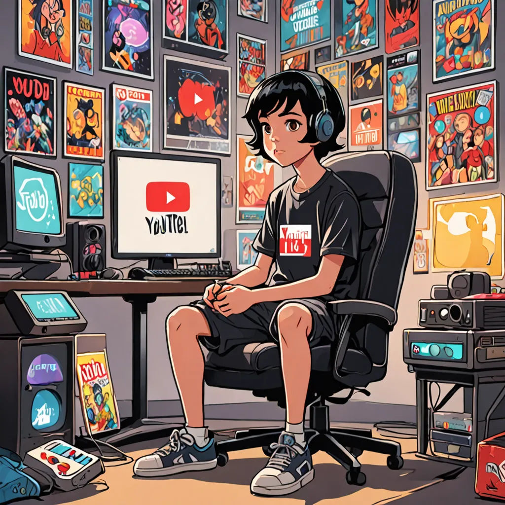 a boy sitting in a chair in front of a computer desk with a video game on it and a bunch of posters on the wall, maximalism, poster art, Asaf Hanuka, josan gonzales and dan mumford