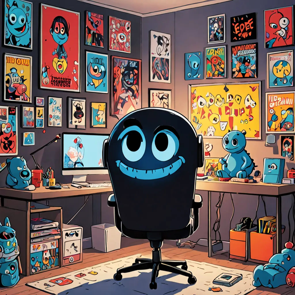 a cartoon chair with a big smile on it's face in a room with posters on the wall, les automatistes, poster art, Chris LaBrooy, josan gonzales and dan mumford