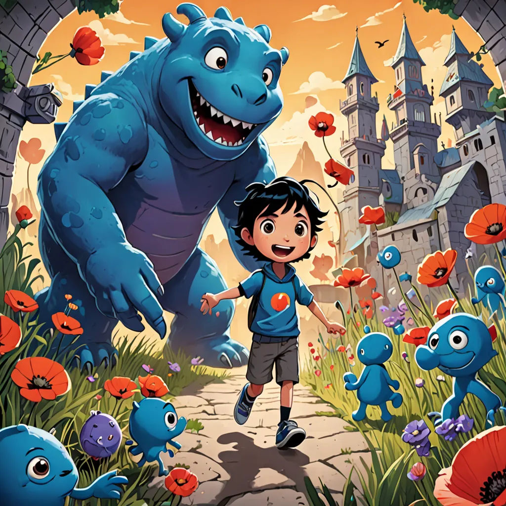 a boy and a monster in a field of flowers and poppies with a castle in the background and a castle in the background, sots art, a storybook illustration, Diego Gisbert Llorens, promotional image