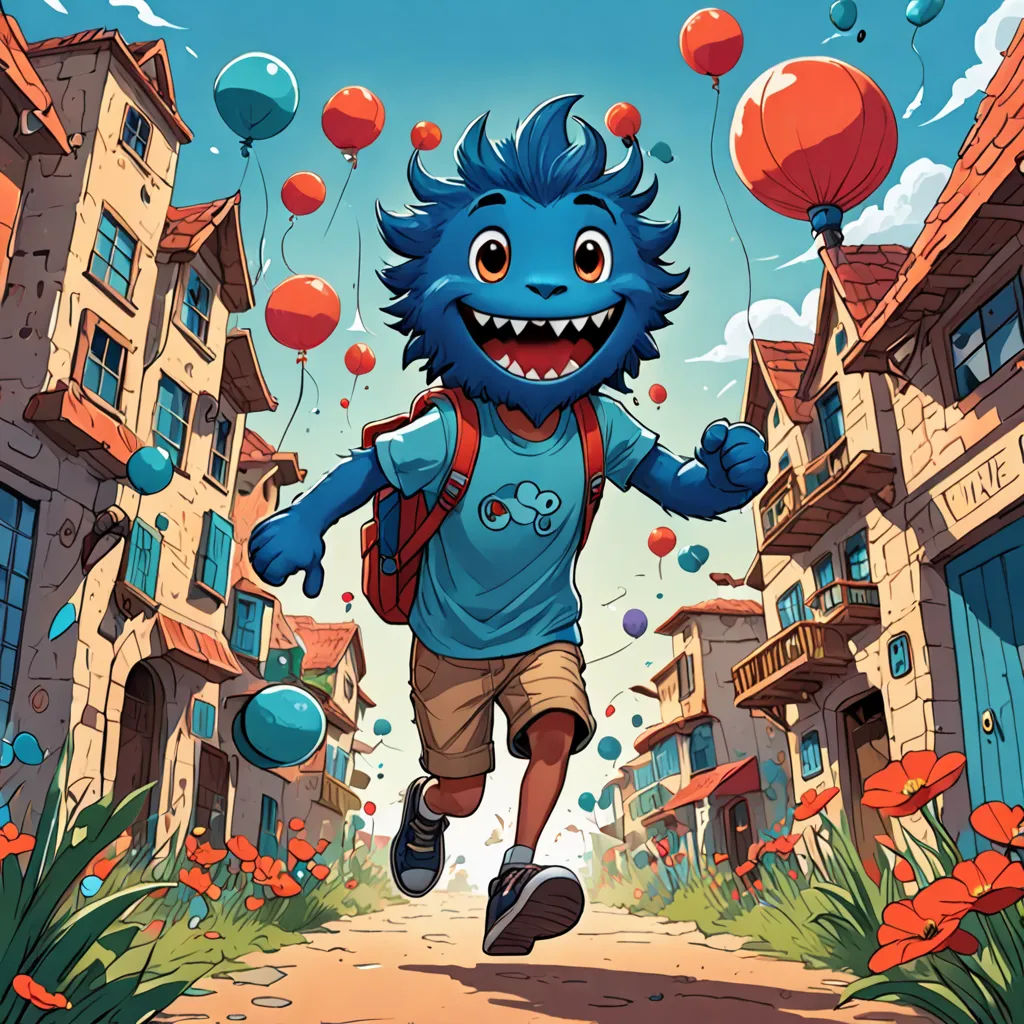 a cartoon character running down a street with balloons in the air above him and a blue monster in the background, furry art, a storybook illustration, Cedric Seaut (Keos Masons), comic cover art