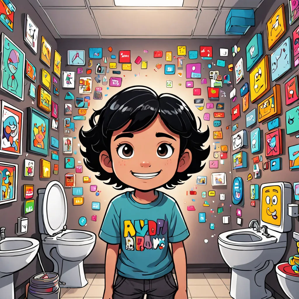 a cartoon of a boy standing in a bathroom with a toilet and a sink in front of a wall of pictures, temporary art, a character portrait, Chris LaBrooy, comic cover art