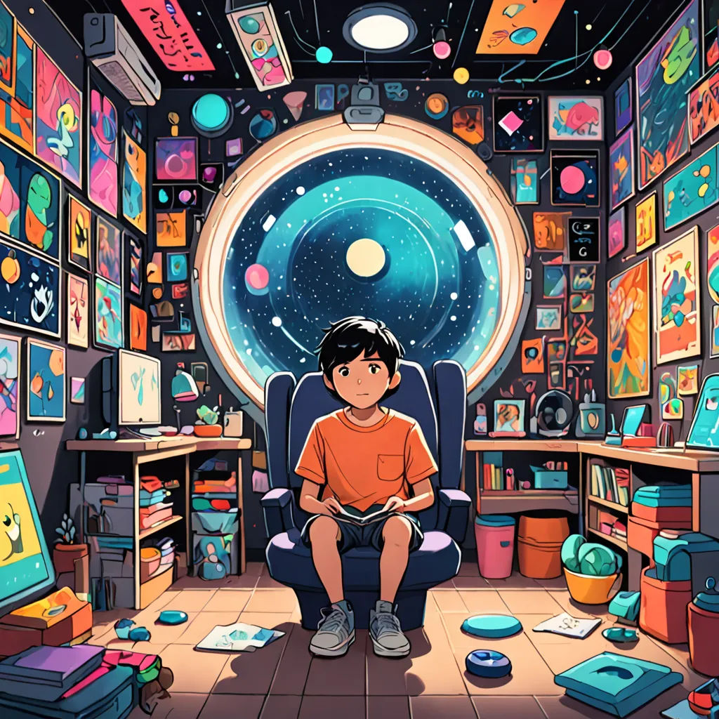 a boy sitting in a chair in a room filled with books and pictures on the walls and a window, space art, poster art, Chris LaBrooy, rossdraws global illumination