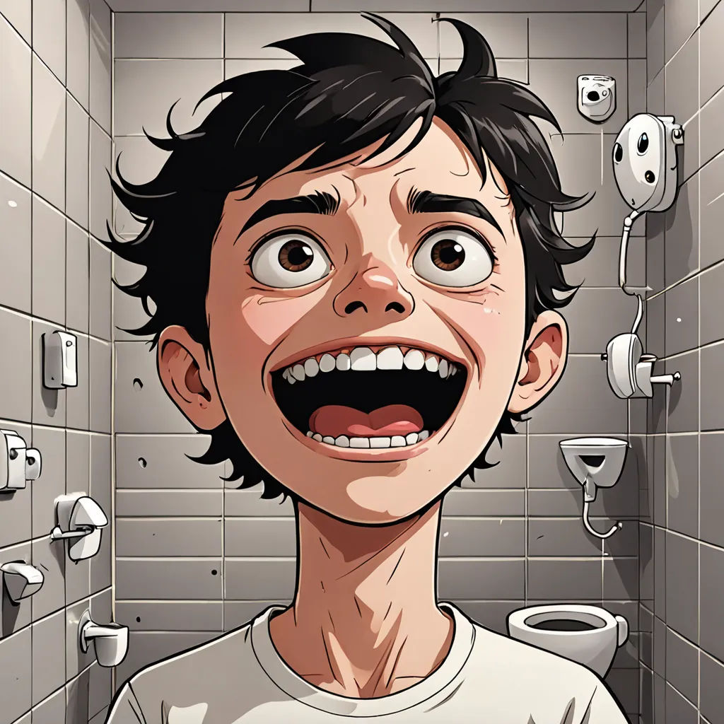 a cartoon of a man with a creepy smile in a bathroom stall with a toilet paper roll on the wall, photorealism, a character portrait, Asaf Hanuka, stanley artgerm lau