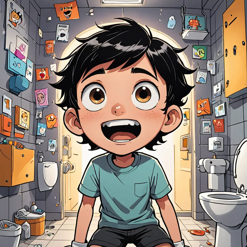 a cartoon boy sitting on a toilet in a bathroom with a lot of clutter on the walls and floor, private press, a comic book panel, Diego Gisbert Llorens, comic cover art