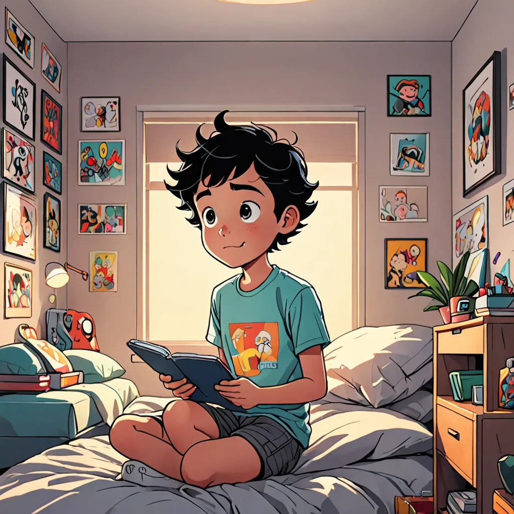 a boy sitting on a bed reading a book in a bedroom with pictures on the wall and a window, lyco art, a comic book panel, Asaf Hanuka, rossdraws global illumination
