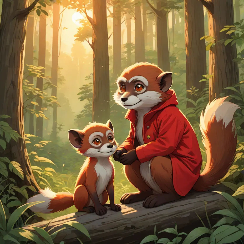 a painting of a fox and a baby fox sitting on a log in a forest with sunlight coming through the trees, furry art, a storybook illustration, Aaron Jasinski, official art