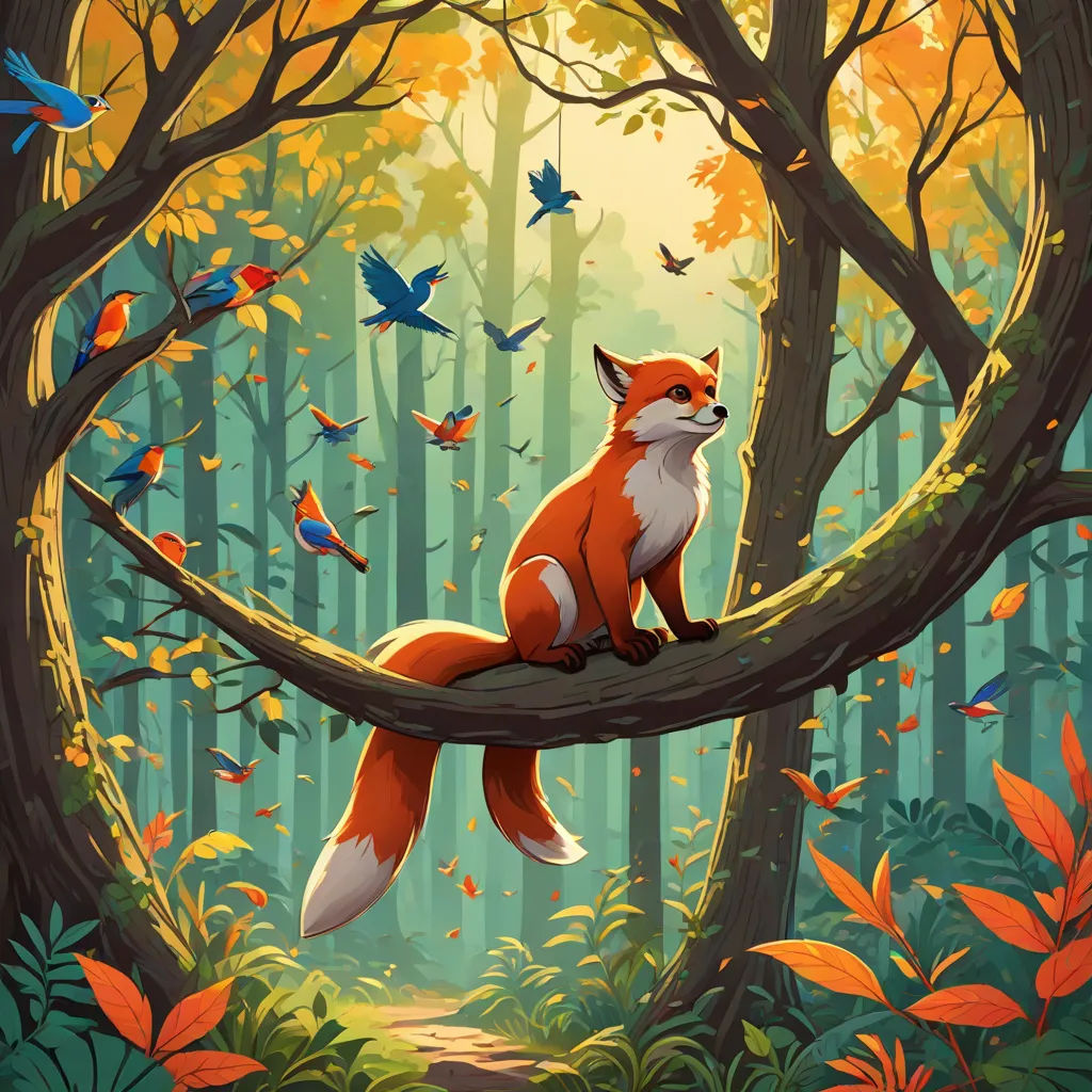 a painting of a fox sitting on a tree branch in a forest with birds flying around it and a forest scene in the background, fantasy art, a storybook illustration, Chris LaBrooy, official art