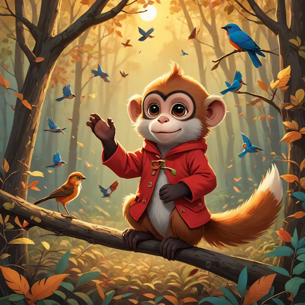 a painting of a monkey on a branch with birds flying around it and a bird on the branch in the background, furry art, a character portrait, Chris LaBrooy, official art