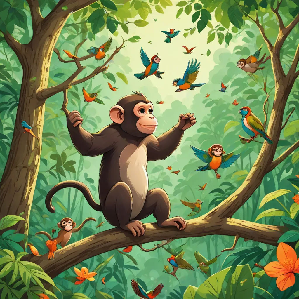 a monkey sitting on a tree branch surrounded by birds and flowers in a jungle with a bird flying overhead, primitivism, a storybook illustration, Chris LaBrooy, highly detailed digital painting