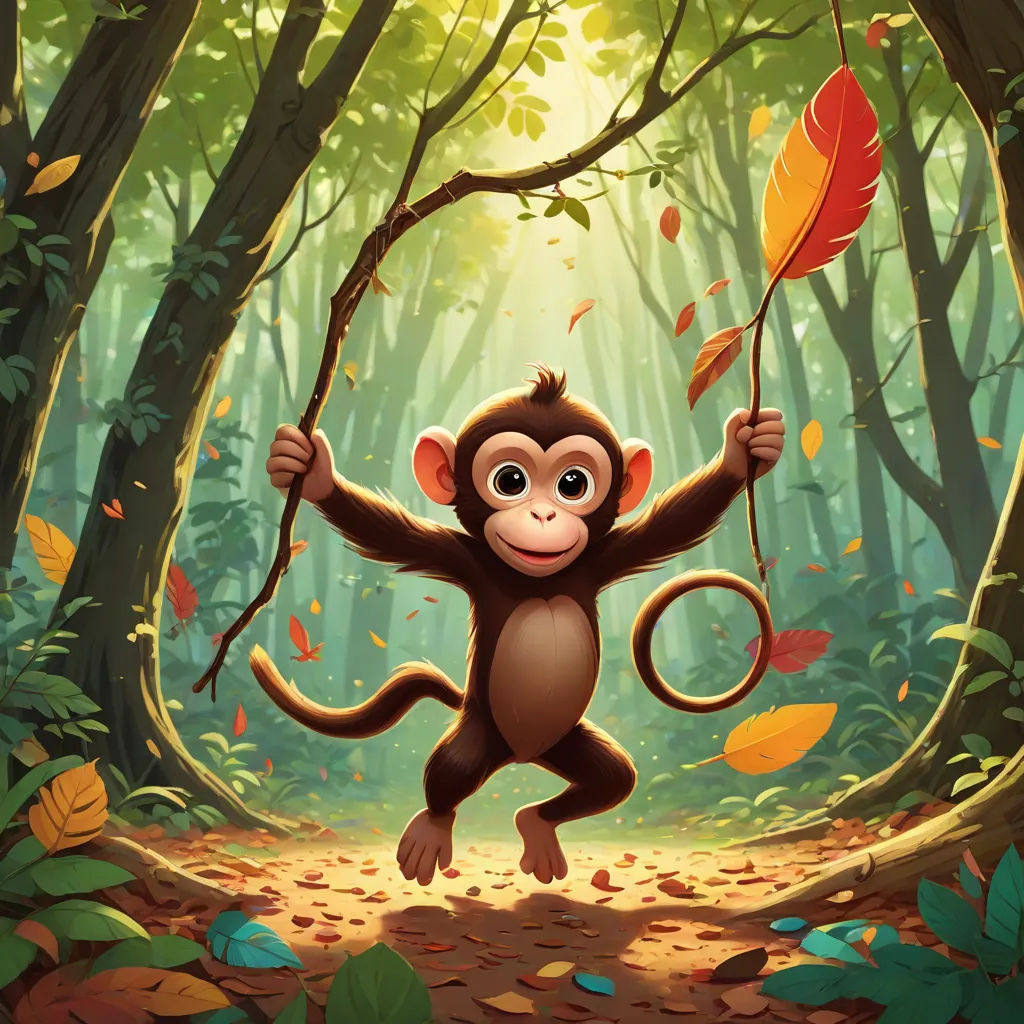 a monkey holding a red umbrella in a forest with leaves on the ground and a tree in the background, primitivism, a storybook illustration, Chris LaBrooy, rossdraws global illumination