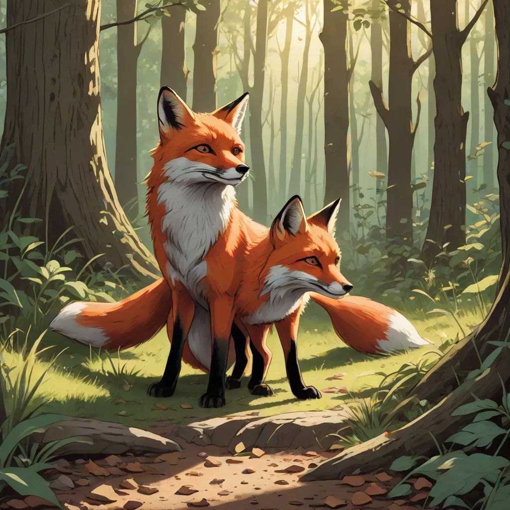 a couple of foxes standing next to each other in a forest filled with trees and grass, with sunlight shining through the trees, furry art, a storybook illustration, Brothers Hildebrandt, official art