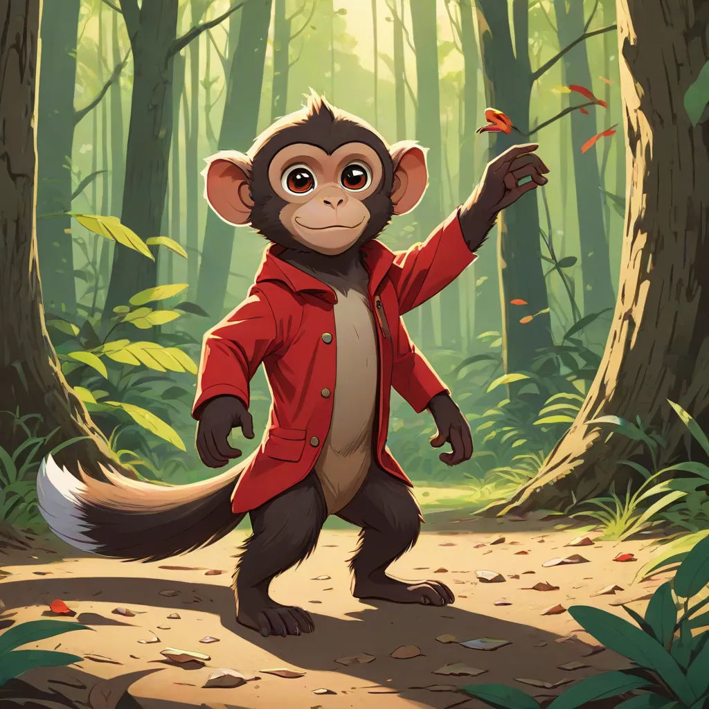 a cartoon of a monkey in a red jacket holding a leaf in a forest with trees and leaves on the ground, sots art, a character portrait, Chris LaBrooy, official art