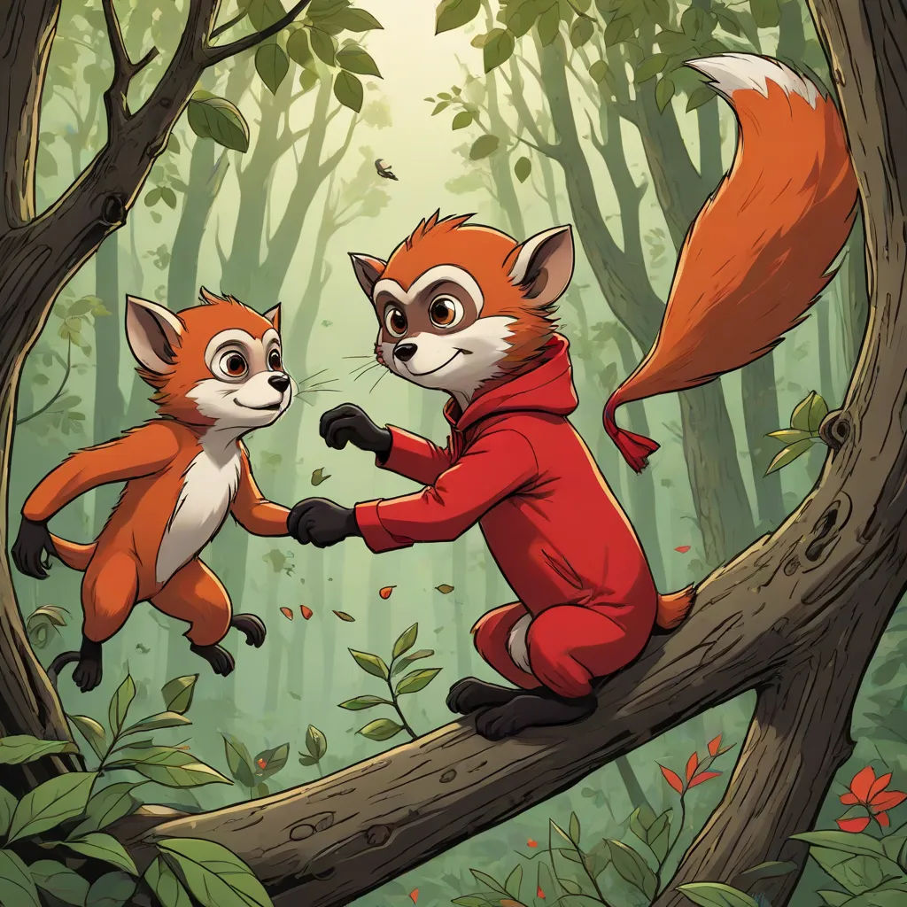 two foxes are sitting on a tree branch in the woods, one is holding the tail of another animal, furry art, a storybook illustration, Aaron Jasinski, comic cover art