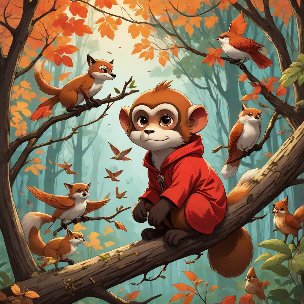 a painting of a monkey sitting on a tree branch with other animals in the background and a forest filled with leaves, furry art, a storybook illustration, Chris LaBrooy, official art
