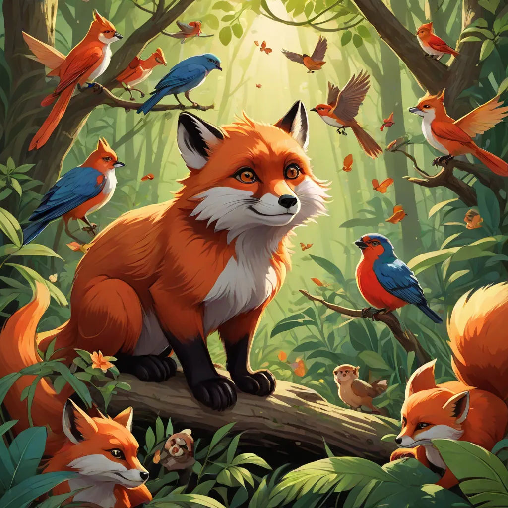 a painting of a fox and many birds in a forest with a sunbeam in the background and a forest scene with trees and leaves, furry art, a storybook illustration, Dan Mumford, official art