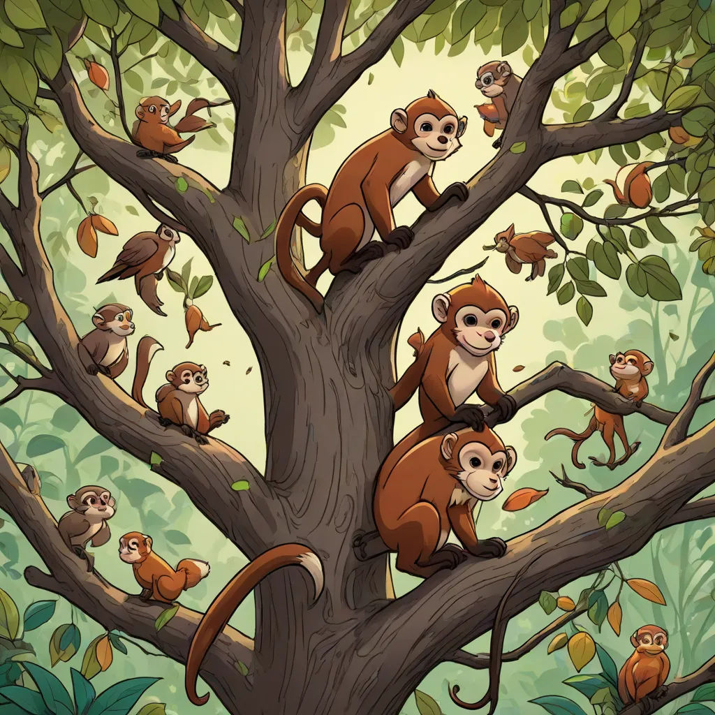 a group of monkeys sitting on top of a tree in a forest with leaves and branches around them,, primitivism, a storybook illustration, Diego Gisbert Llorens, rossdraws global illumination