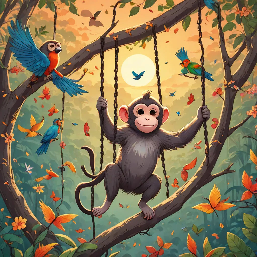 a monkey hanging on a tree branch with a bird on it's back and another bird on the branch, fantasy art, a storybook illustration, Chris LaBrooy, rossdraws global illumination