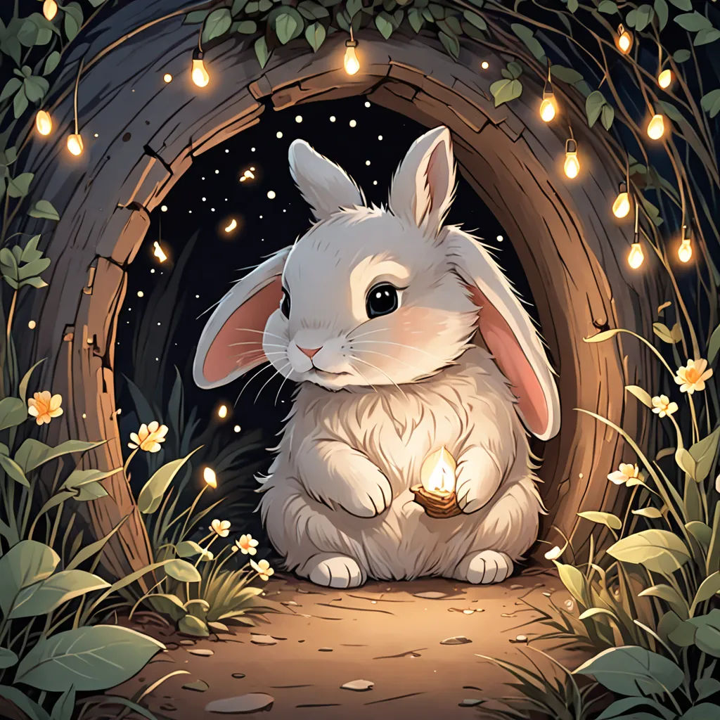 a white rabbit sitting in a tunnel with a light on it's head and a light in its mouth, fantasy art, a character portrait, ESAO, rossdraws global illumination
