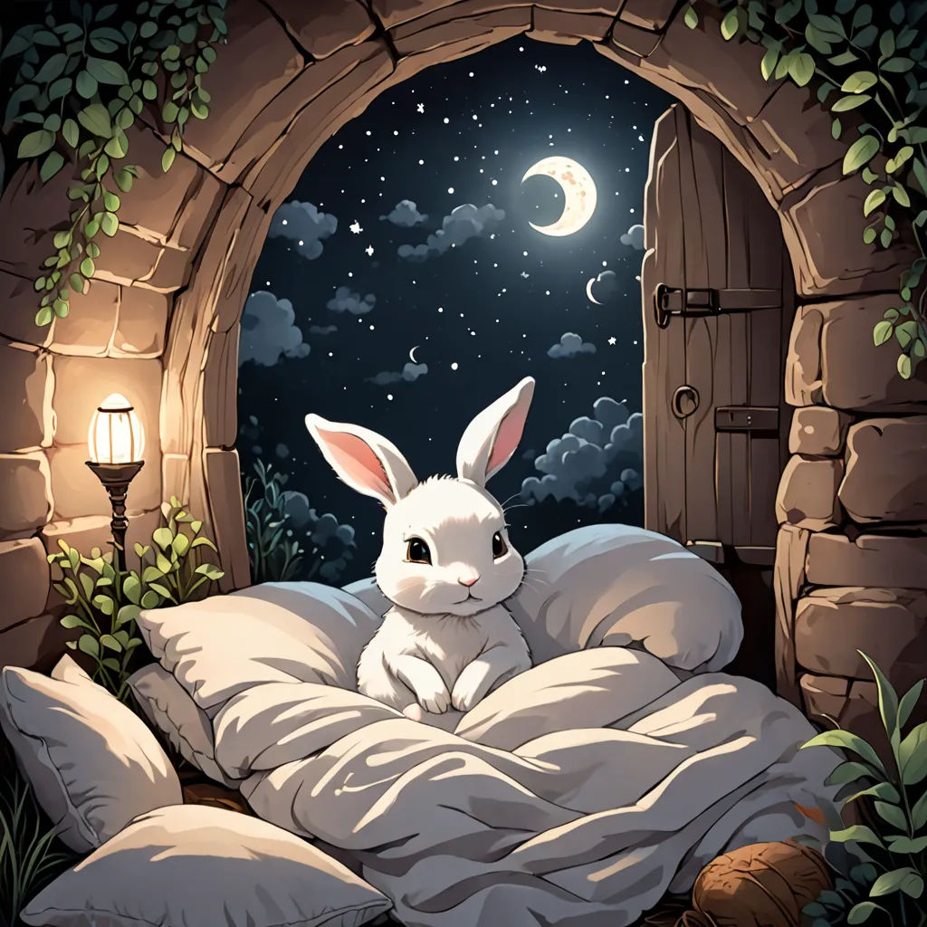 a white rabbit sitting on a bed under a night sky with a moon and stars above it, with a light in the window, fantasy art, a storybook illustration, Cyril Rolando, rossdraws global illumination