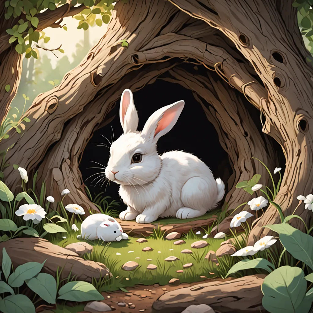 a white rabbit sitting in a hole in the woods with flowers and grass around it, with a forest background, fantasy art, a storybook illustration, Chris LaBrooy, rossdraws global illumination
