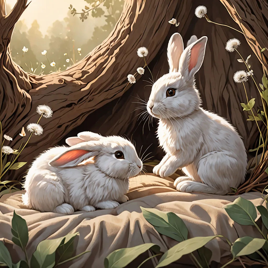 a painting of two rabbits sitting on a blanket in a forest with flowers and a tree trunk in the background, fantasy art, a storybook illustration, Dave Melvin, highly detailed digital painting
