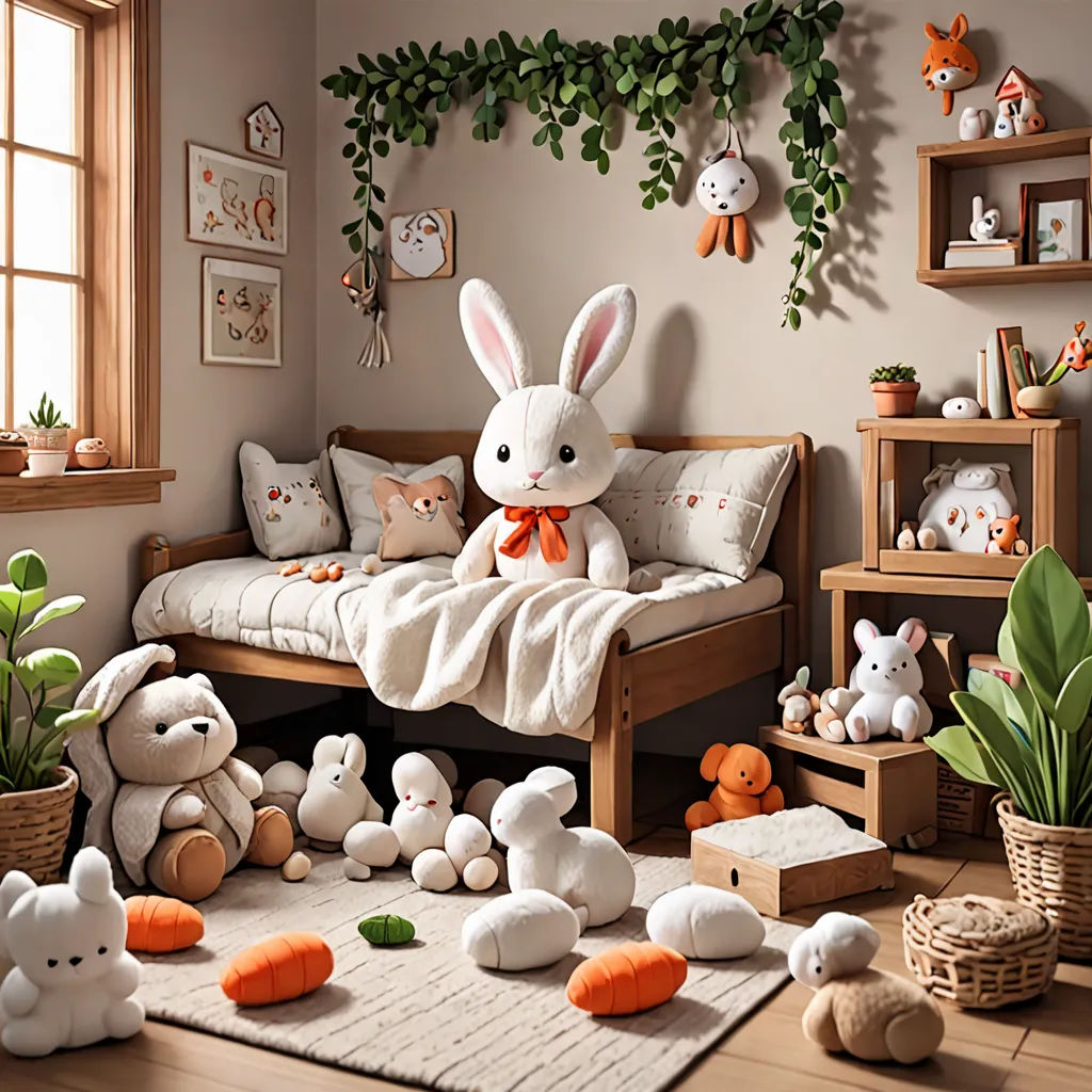 a room with a bed, a couch, and stuffed animals on the floor and a rug on the floor, furry art, a storybook illustration, Beatrix Potter, art station