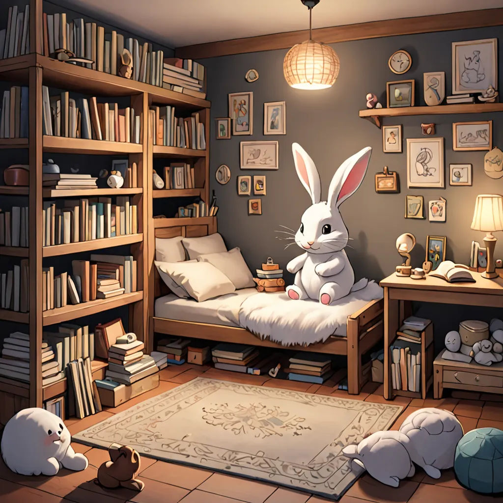 a room with a bed, bookshelf, and a rabbit sitting on the floor in front of a rug, fantasy art, a storybook illustration, Chris LaBrooy, rossdraws global illumination