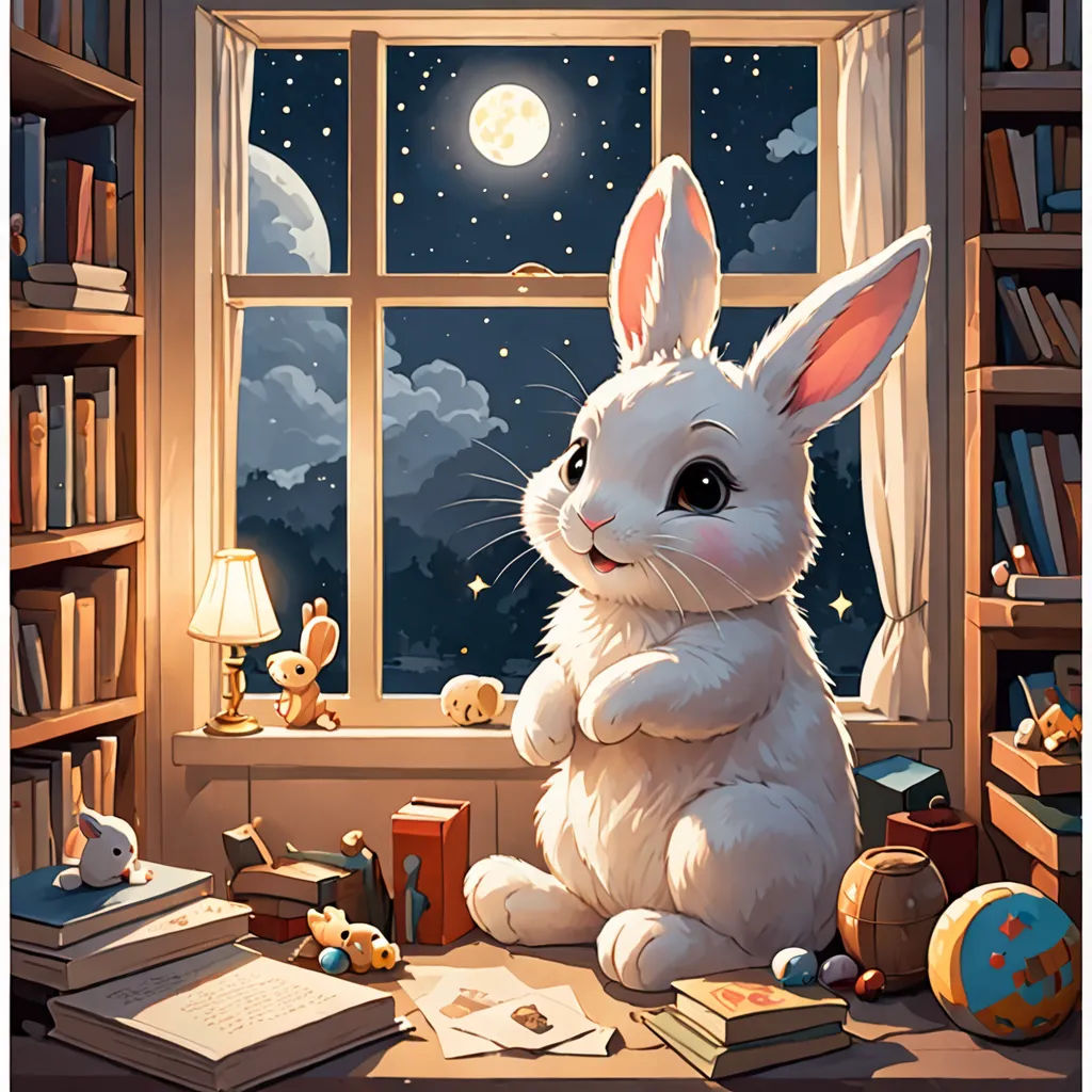 a white rabbit sitting in front of a window with a night sky and stars in the background and books on the floor, fantasy art, a storybook illustration, Beatrix Potter, trending on art station