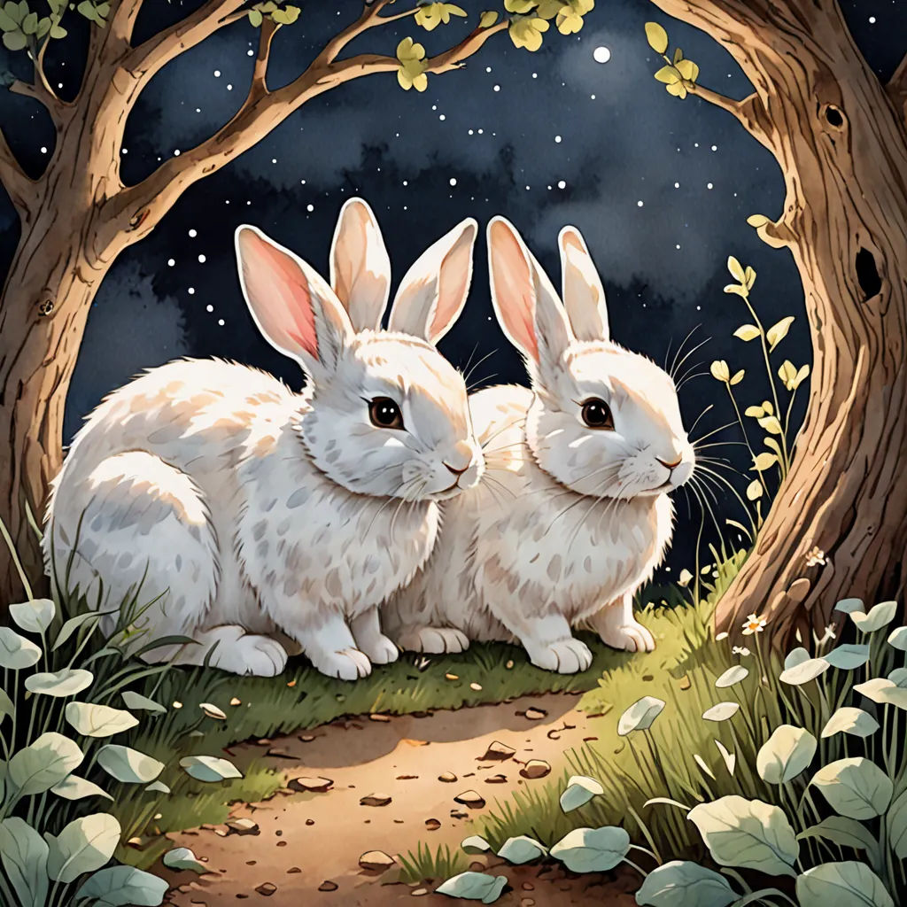two rabbits sitting in the grass under a tree at night with stars and moon in the sky above them, fantasy art, a storybook illustration, Beatrix Potter, rossdraws global illumination