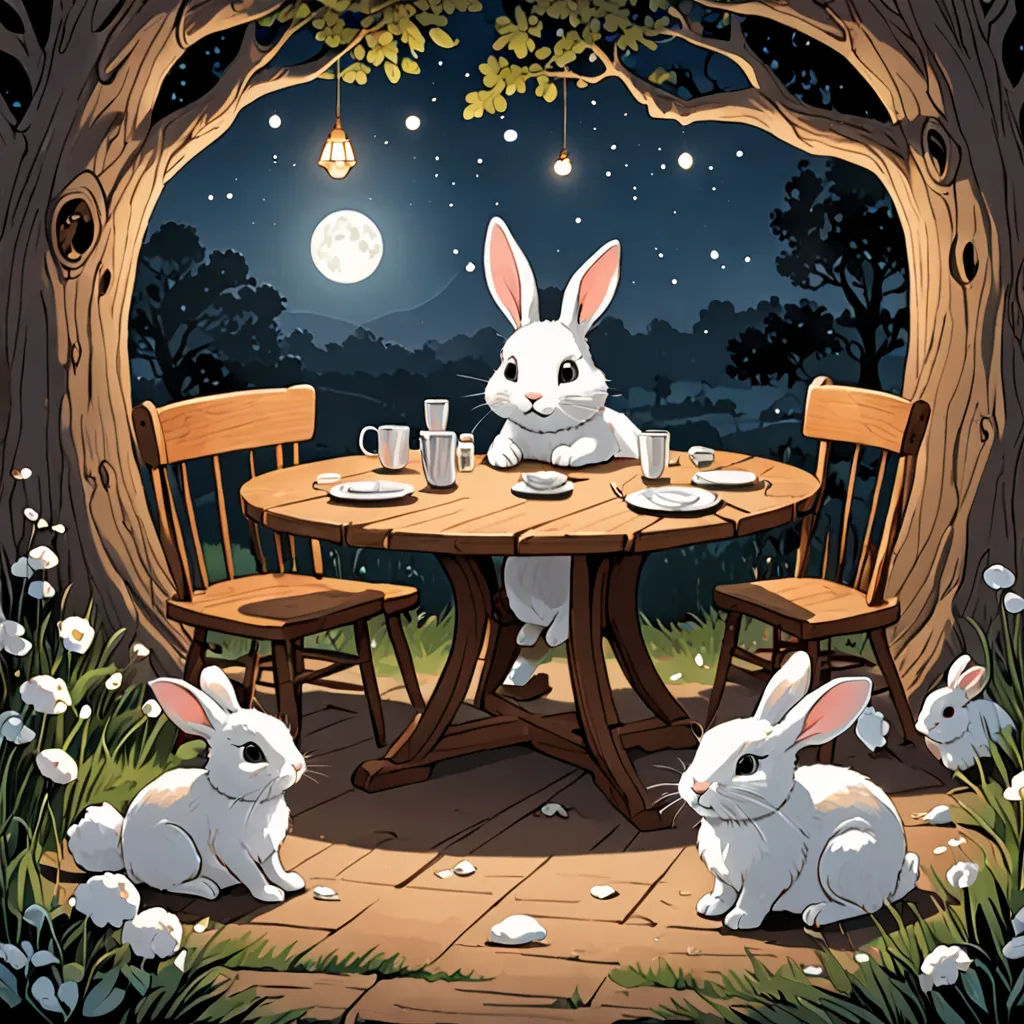 a rabbit sitting at a table with two rabbits sitting on the ground in front of it and a full moon in the background, magic realism, a storybook illustration, Chris LaBrooy, rossdraws global illumination