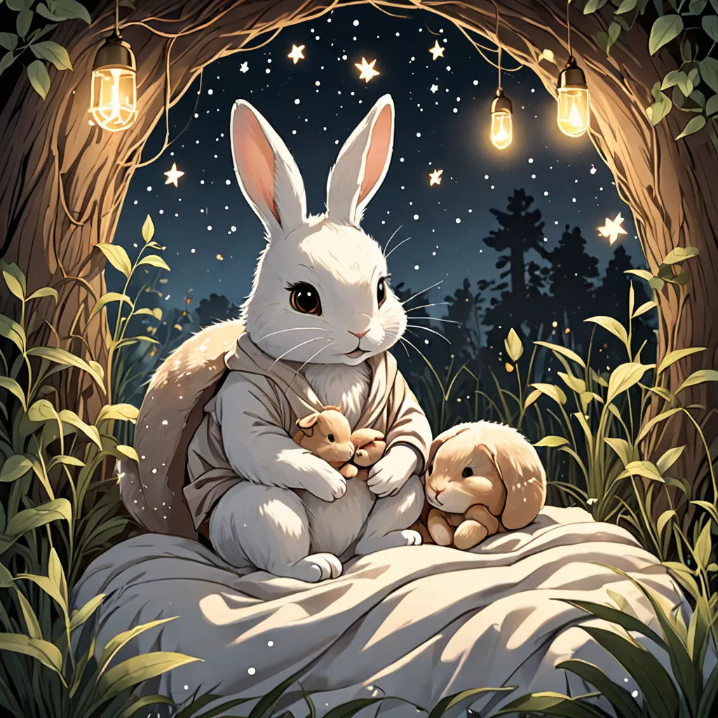 a rabbit and a teddy bear sitting under a tree in the night time with stars and lights on the sky, fantasy art, a storybook illustration, Beatrix Potter, trending on art station