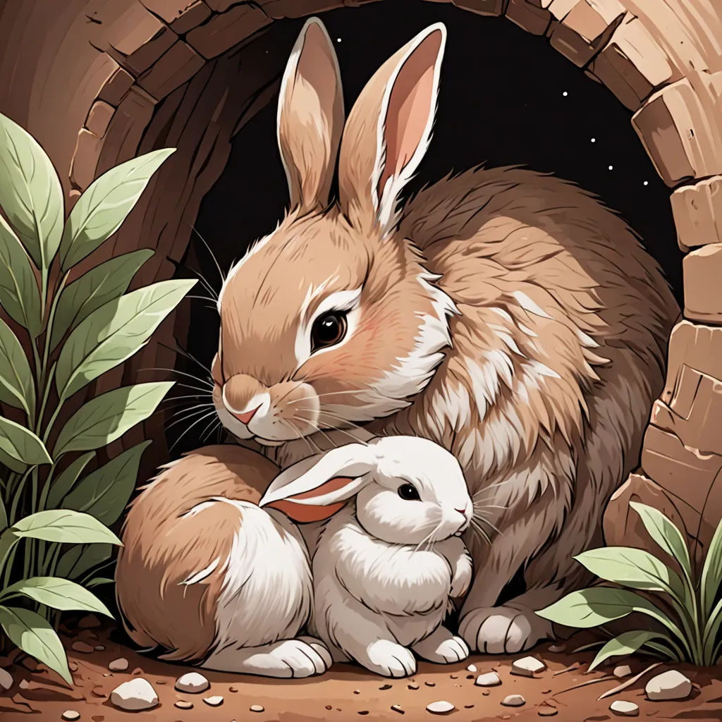 a rabbit and her baby are in a brick tunnel with leaves and rocks on the ground, and a green plant is in the corner, furry art, a storybook illustration, Beatrix Potter, rossdraws global illumination