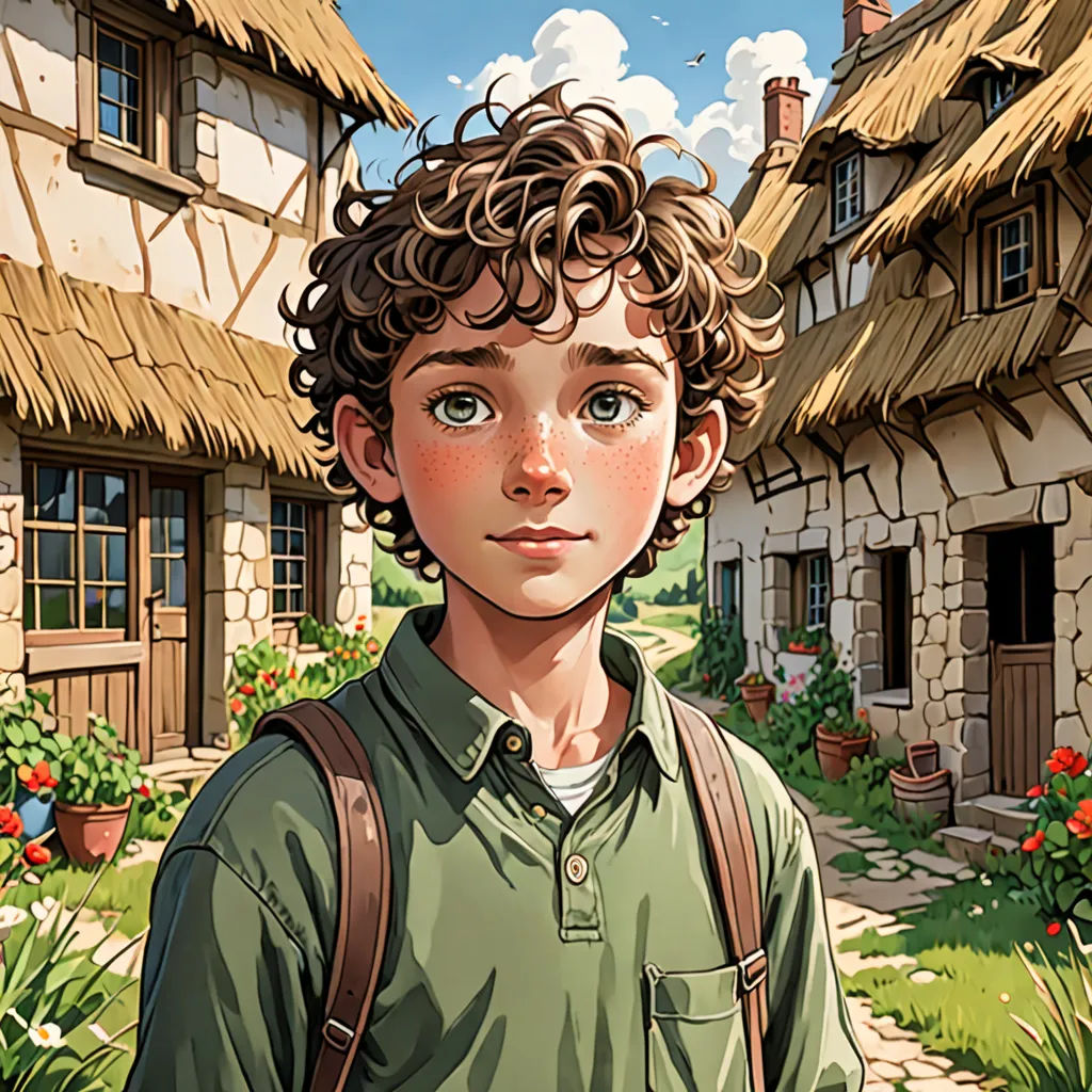 a boy with a backpack standing in front of a house with a thatched roof and a garden in front of him, photorealism, a storybook illustration, Cedric Seaut (Keos Masons), rossdraws global illumination