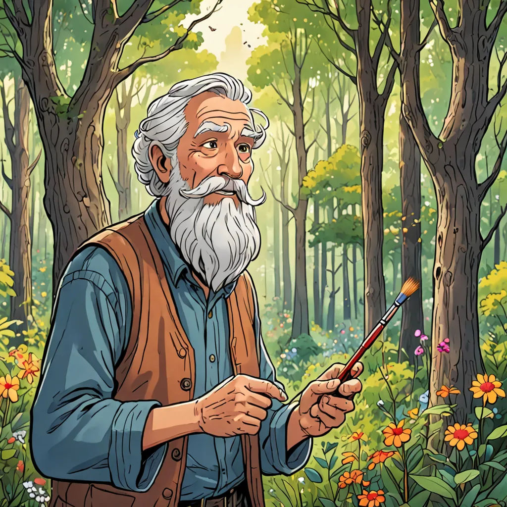 a man with a beard and a beard holding a paintbrush in his hand in a forest with flowers, naturalism, a character portrait, Art Fitzpatrick, josan gonzales and dan mumford