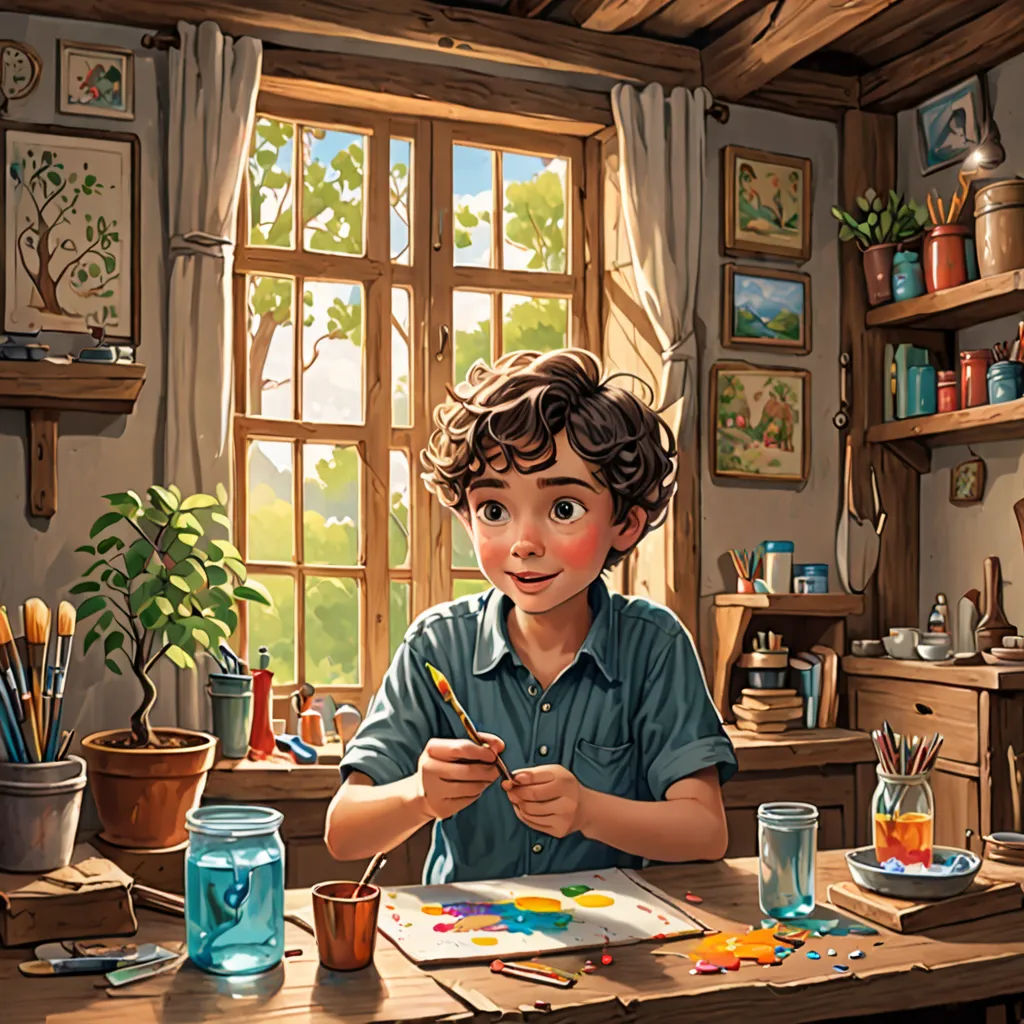 a boy is sitting at a table with a paintbrush and a paintbrush in his hand and a painting on the table, american scene painting, a detailed painting, Aaron Jasinski, highly detailed digital painting