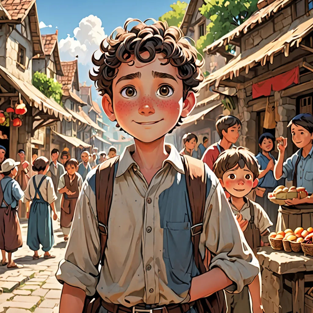 a boy in a village with a lot of people around him and a boy in a backpack standing in front of him, art & language, a storybook illustration, Aaron Jasinski, official art