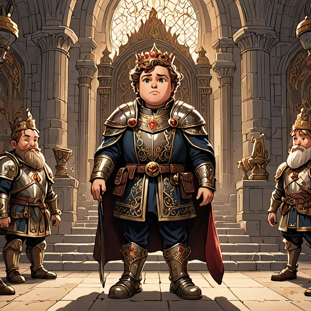 a cartoon of a man in a suit of armor and a crown standing in front of other men in armor, sots art, a storybook illustration, Diego Gisbert Llorens, epic fantasy character art
